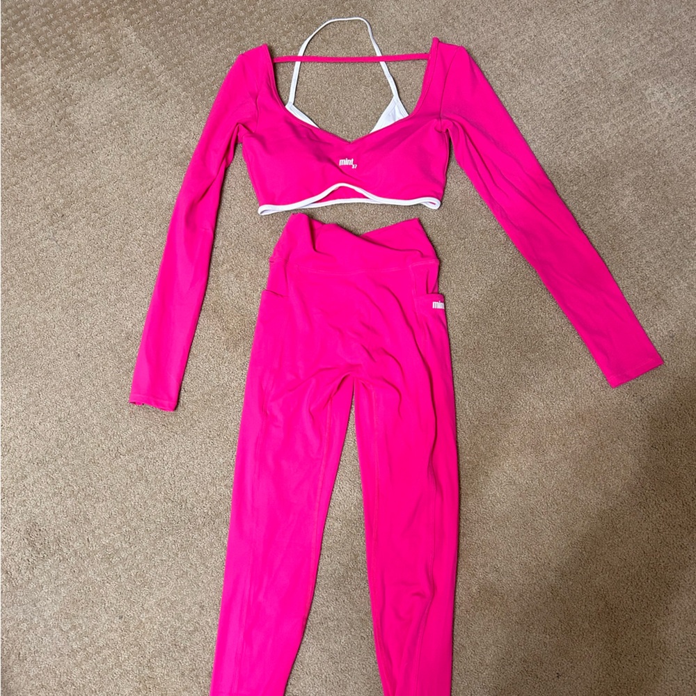 Vibrant Pink Long Sleeve Crop Top and Leggings Set - NWOT